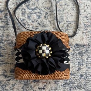 Rare MacKenzie-Childs Black and Brown Crossbody Bag with Checkered Floral Detail